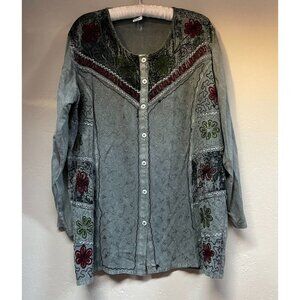 BJ Collections Womens Gray Floral Embroidered Burnout Shirt Top Free Size Rayon
